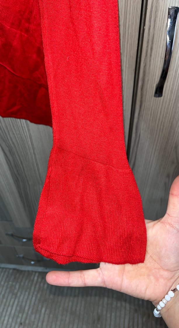 Kadın Kırmızı V Yaka Triko Kazak - Görsel 2