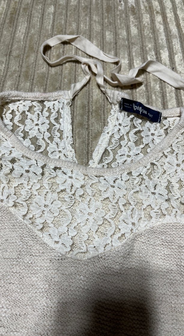 Dantelli Kısa Kollu Bej Kadın Kazak - Görsel 5