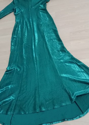 Parlak Zümrüt yeşili gez Kollu Kadın Abiye - Görsel 3