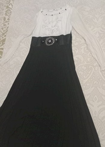 Kadın Siyah beyaz Uzun Piliseli elbise - Görsel 5