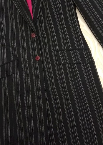 Çizgili siyah Kadın Uzun  ceket - Görsel 2