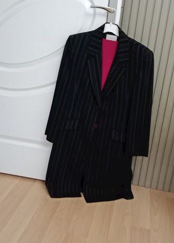 Çizgili siyah Kadın Uzun  ceket - Görsel 3