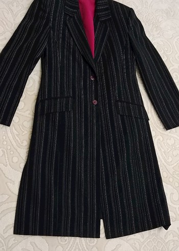Çizgili siyah Kadın Uzun  ceket - Görsel 4