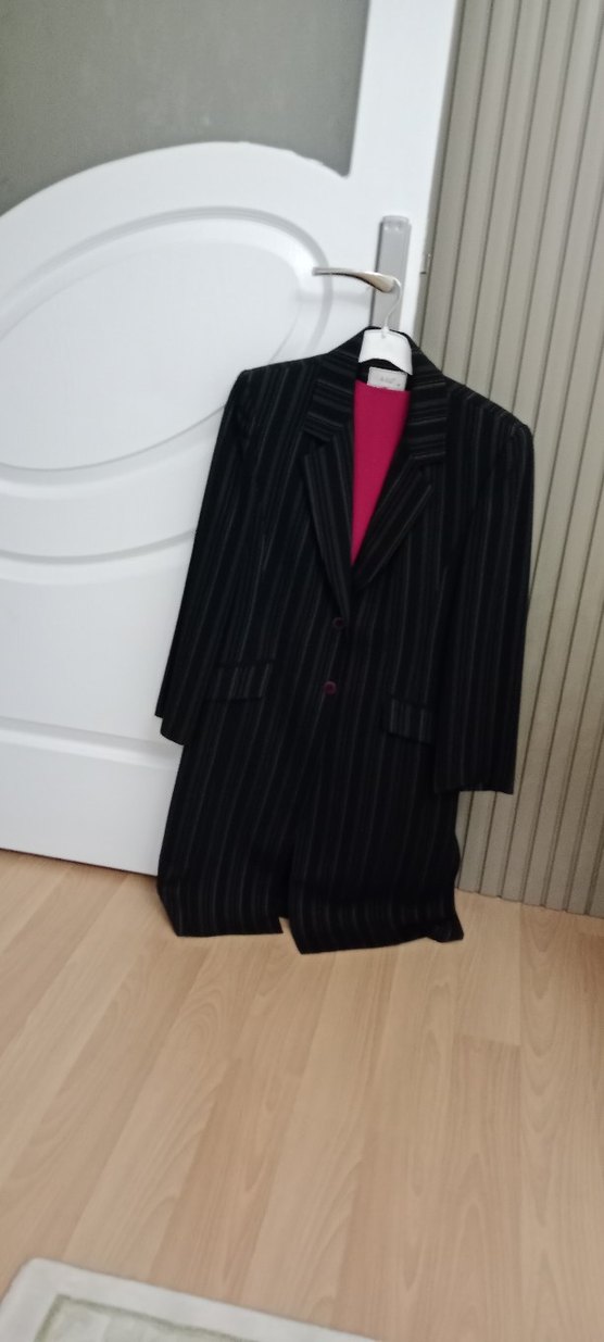 Çizgili siyah Kadın Uzun  ceket - Görsel 3