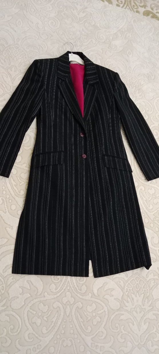 Çizgili siyah Kadın Uzun  ceket - Görsel 4
