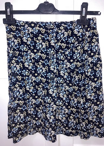 Düğmeli Midi Mavi Çiçek Desenli Etek - Görsel 4