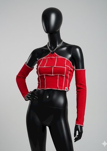 Kırmızı Kareli Straplez Mini Büstiyer - Görsel 2