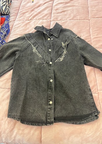 Diğer Koyu Gri Yikamali Denim Gomlek