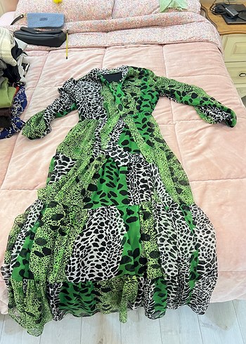 Hobby Life Leopar Desenli Uzun Yesil Elbise
