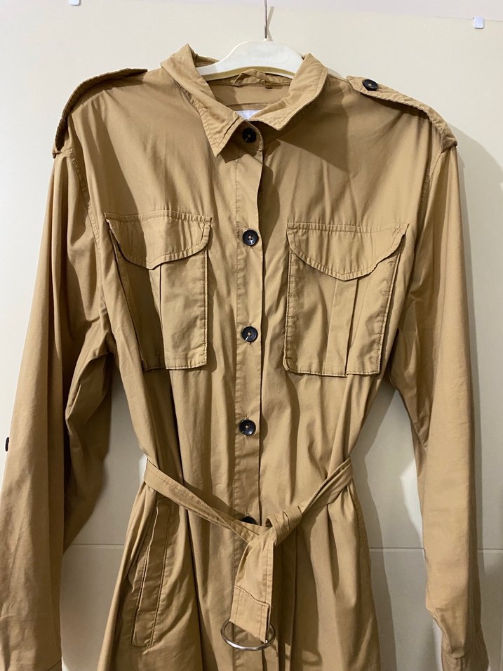 Bej Kemerli Uzun Kadın Trençkot - Görsel 2