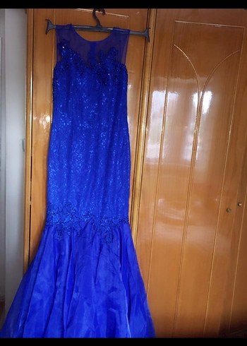 Mavi Uzun Drapeli Abiye Elbise - Görsel 3