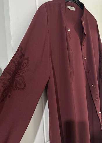 Bordo Nakışlı Kadın Uzun Kollu Uzun Boy Tunik - Görsel 4