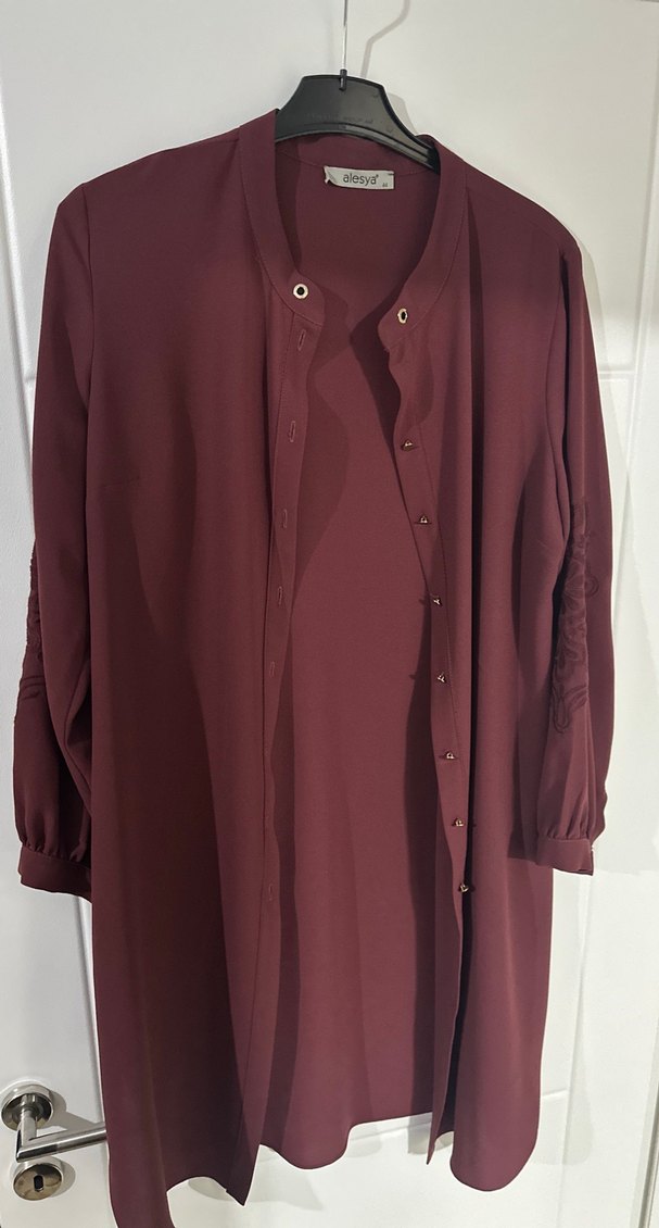 Bordo Nakışlı Kadın Uzun Kollu Uzun Boy Tunik - Görsel 2