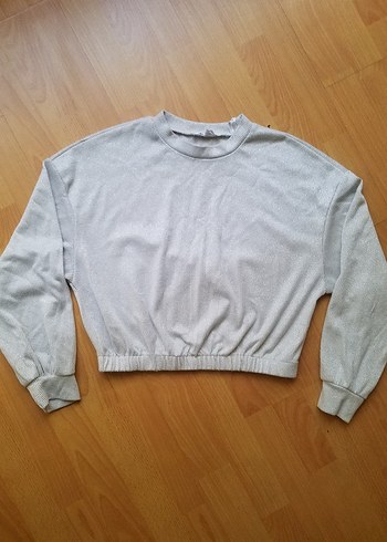 Gri SİMLİ Kadın Uzun Kollu CROP Sweatshirt - Görsel 2
