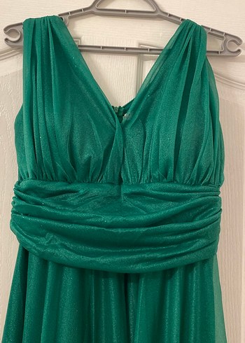 Koyu Yeşil Drapeli Uzun Abiye Elbise - Görsel 3