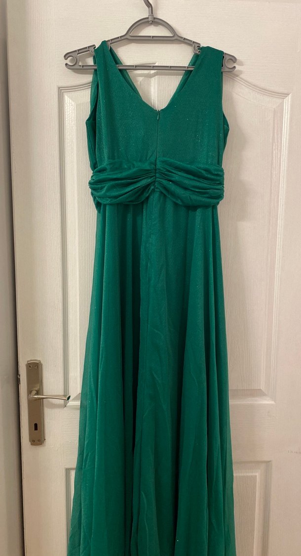 Koyu Yeşil Drapeli Uzun Abiye Elbise - Görsel 2