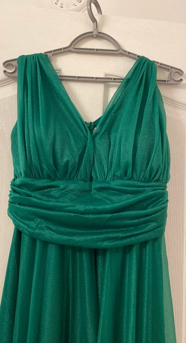 Koyu Yeşil Drapeli Uzun Abiye Elbise - Görsel 3