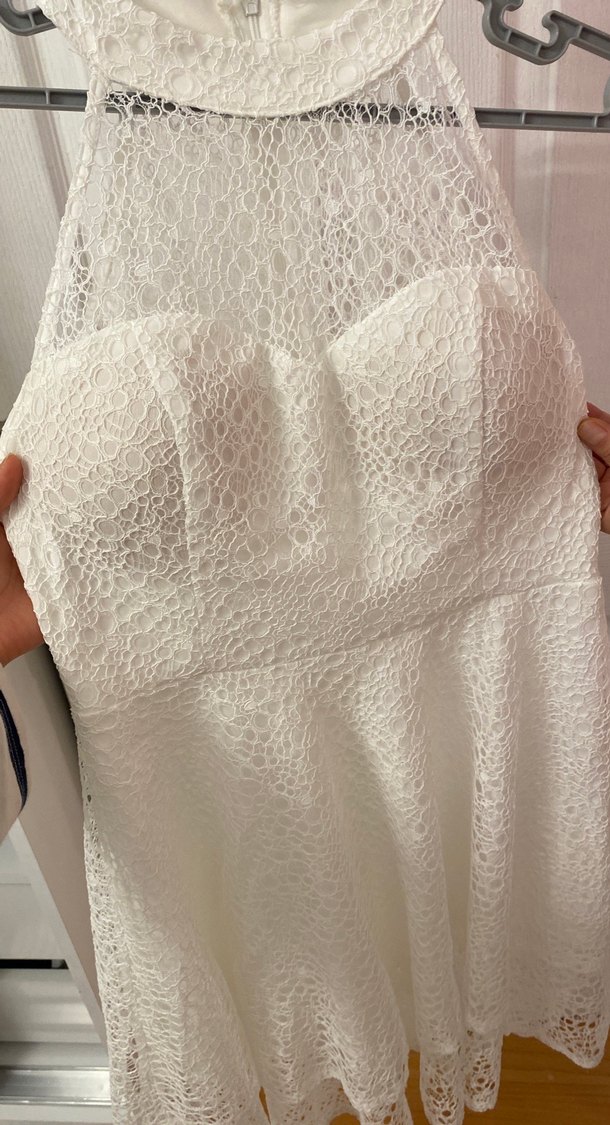 Beyaz Straplez Midi Dantel Mini elbise - Görsel 3