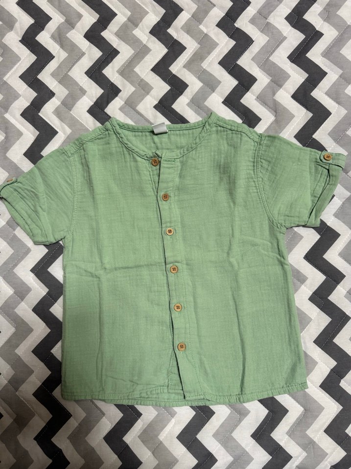 Erkek Çocuk Yeşil Keten Kısa Kollu Gömlek - Görsel 3