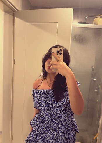 Mavi Batik Desenli Straplez Mini Elbise - Görsel 3