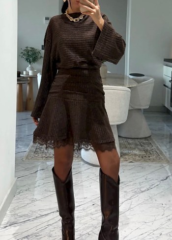 Kahverengi Dantel Detaylı Örme Mini Etek bileşik - Görsel 2