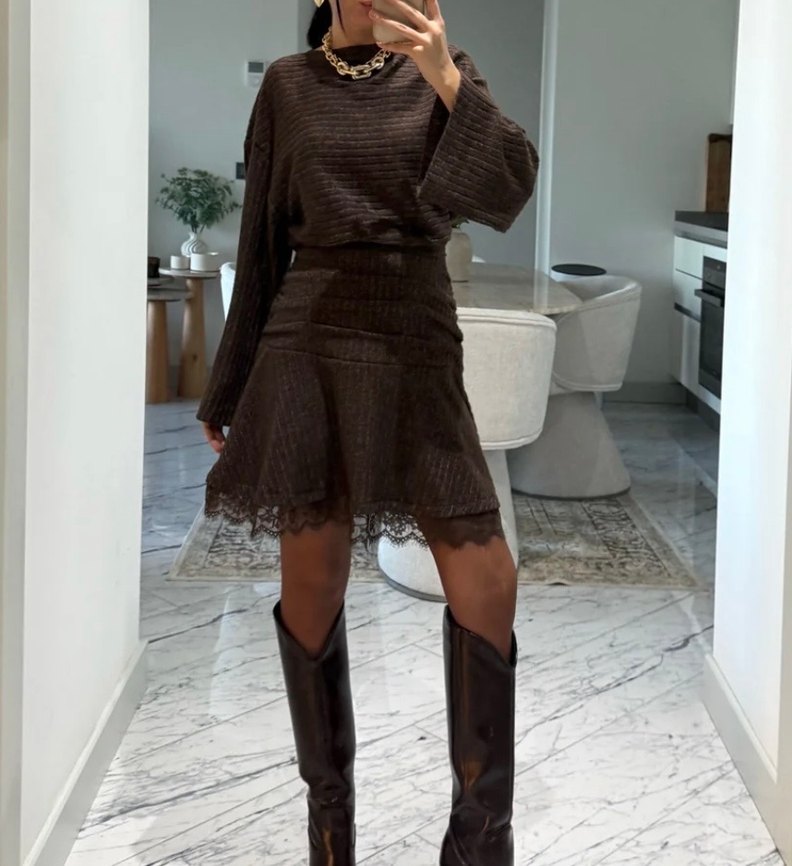 Kahverengi Dantel Detaylı Örme Mini Etek bileşik - Görsel 2