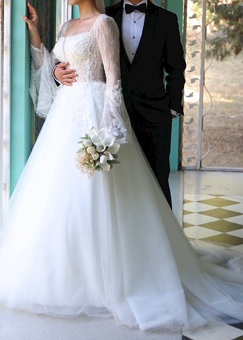 Uzun Kollu Straplez Beyaz Helen Gelinlik - Görsel 4