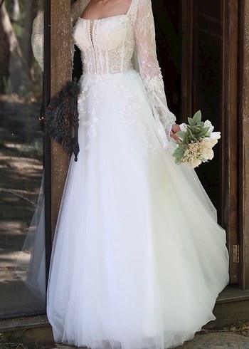 Uzun Kollu Straplez Beyaz Helen Gelinlik - Görsel 2