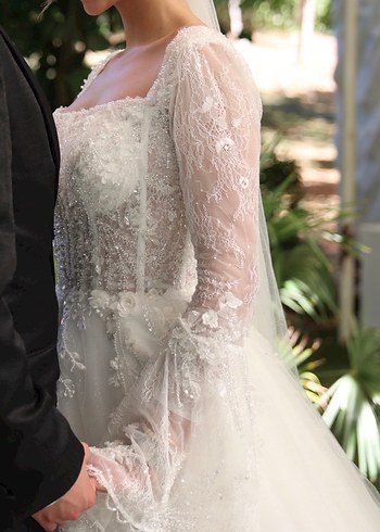 Uzun Kollu Straplez Beyaz Helen Gelinlik - Görsel 3