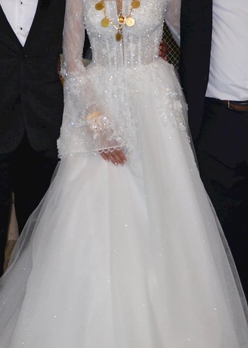 Uzun Kollu Straplez Beyaz Helen Gelinlik - Görsel 6