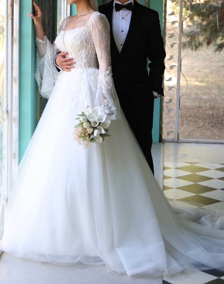 Uzun Kollu Straplez Beyaz Helen Gelinlik - Görsel 4