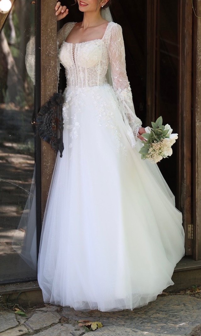 Uzun Kollu Straplez Beyaz Helen Gelinlik - Görsel 2