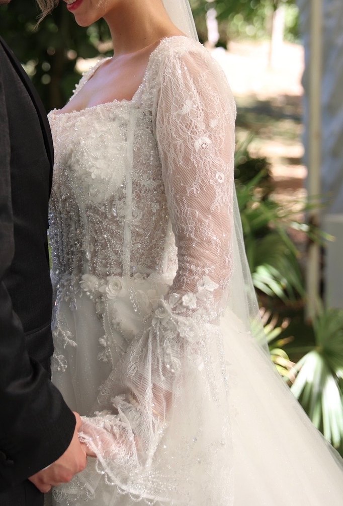 Uzun Kollu Straplez Beyaz Helen Gelinlik - Görsel 3