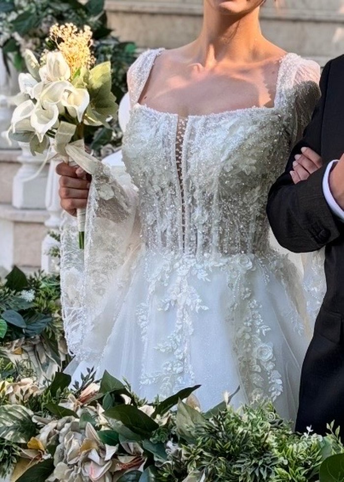 Uzun Kollu Straplez Beyaz Helen Gelinlik - Görsel 5