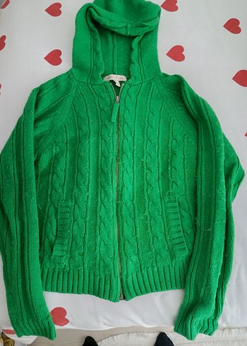 Yeşil Kapüşonlu Örgü Kadın Hırka - Görsel 2