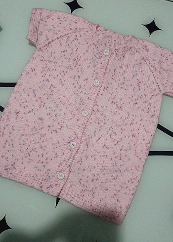 Kız Çocuk Pembe Düğmeli Kısa Kollu Hırka El Örgüsü - Görsel 4