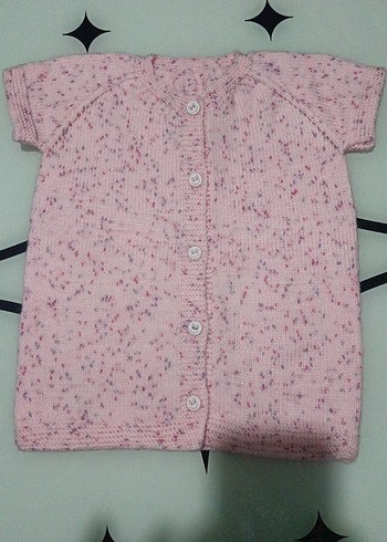 Kız Çocuk Pembe Düğmeli Kısa Kollu Hırka El Örgüsü - Görsel 2