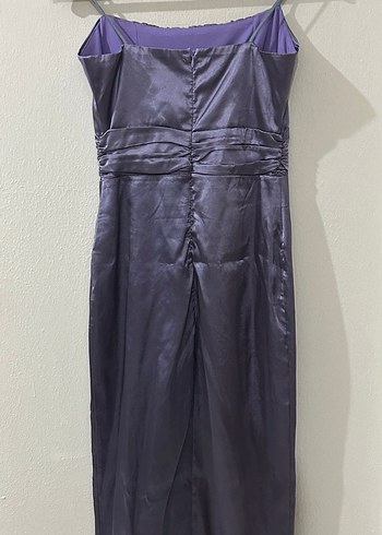 Mor Straplez Uzun yırtmaçlı Drapeli Abiye Elbise - Görsel 2