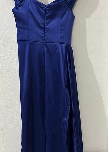 Lacivert Drapeli Uzun madonna yaka yırtmaçlı Abiye Elbise - Görsel 2