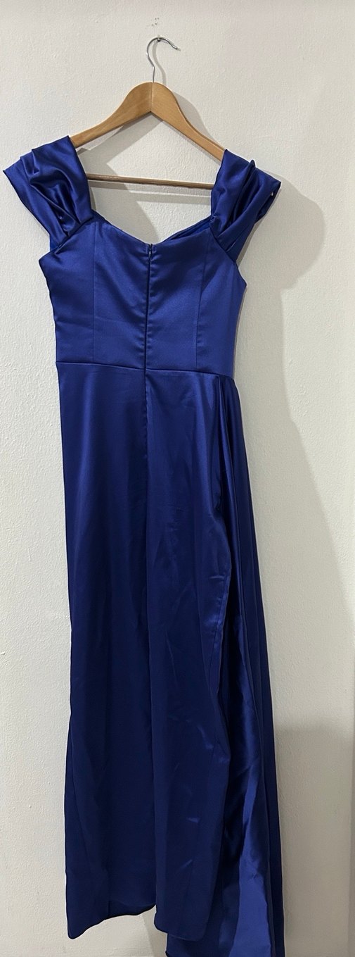 Lacivert Drapeli Uzun madonna yaka yırtmaçlı Abiye Elbise - Görsel 2