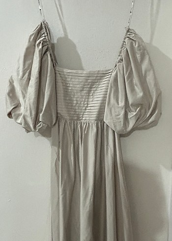 Bej Keten Uzun Bohem Elbise - Görsel 2