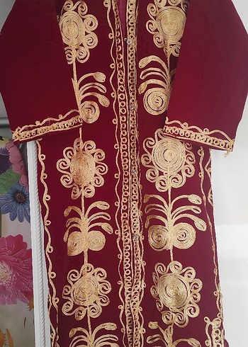 Bordo İşlemeli Uzun Kol Henna Elbise