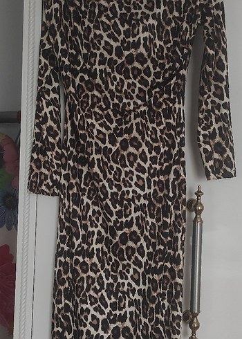 Kahverengi Leopar Desenli Uzun Elbise - Görsel 2