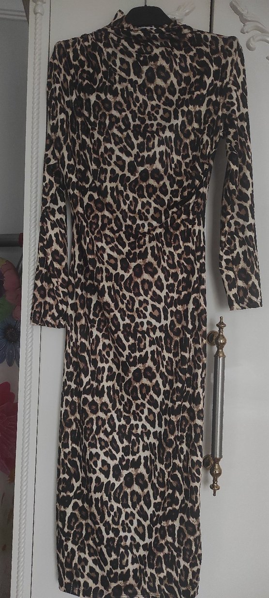 Kahverengi Leopar Desenli Uzun Elbise - Görsel 2