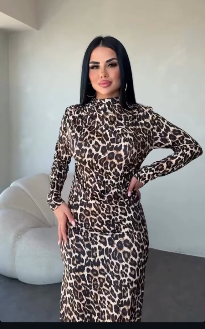 Kahverengi Leopar Desenli Uzun Elbise - Görsel 4