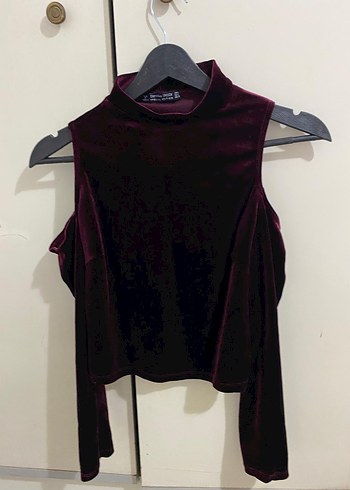 Bordo Süet Yüksek Yaka Kolsuz Bluz