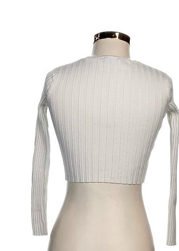 Beyaz Pilili Uzun Kollu Triko Kadın Kazak - Görsel 2