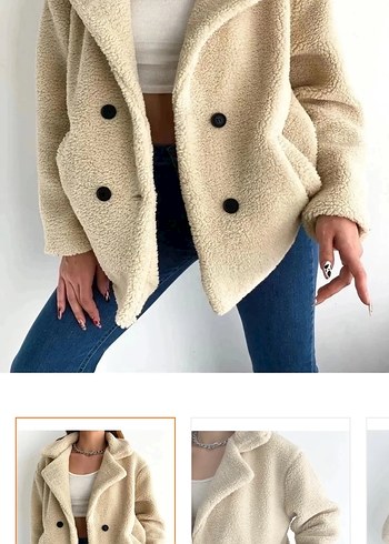 Diğer Düğmeli Beyaz Mini Kısa Peluş Kadın Kaban