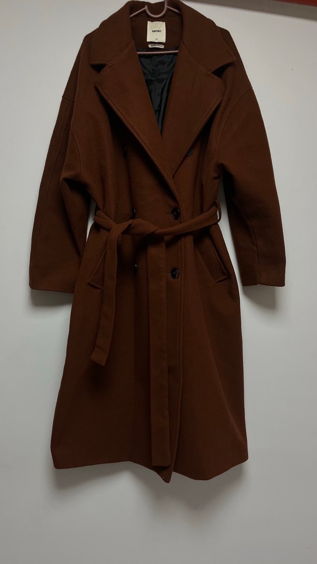 Kahverengi Kuşaklı Uzun Kadın Koton Kaban - Görsel 2