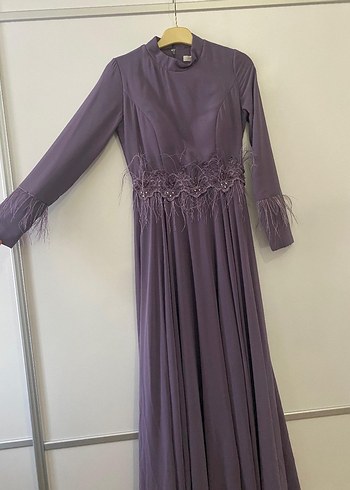 Uzun Kollu Mor İşlemeli Kadın Elbise - Görsel 5
